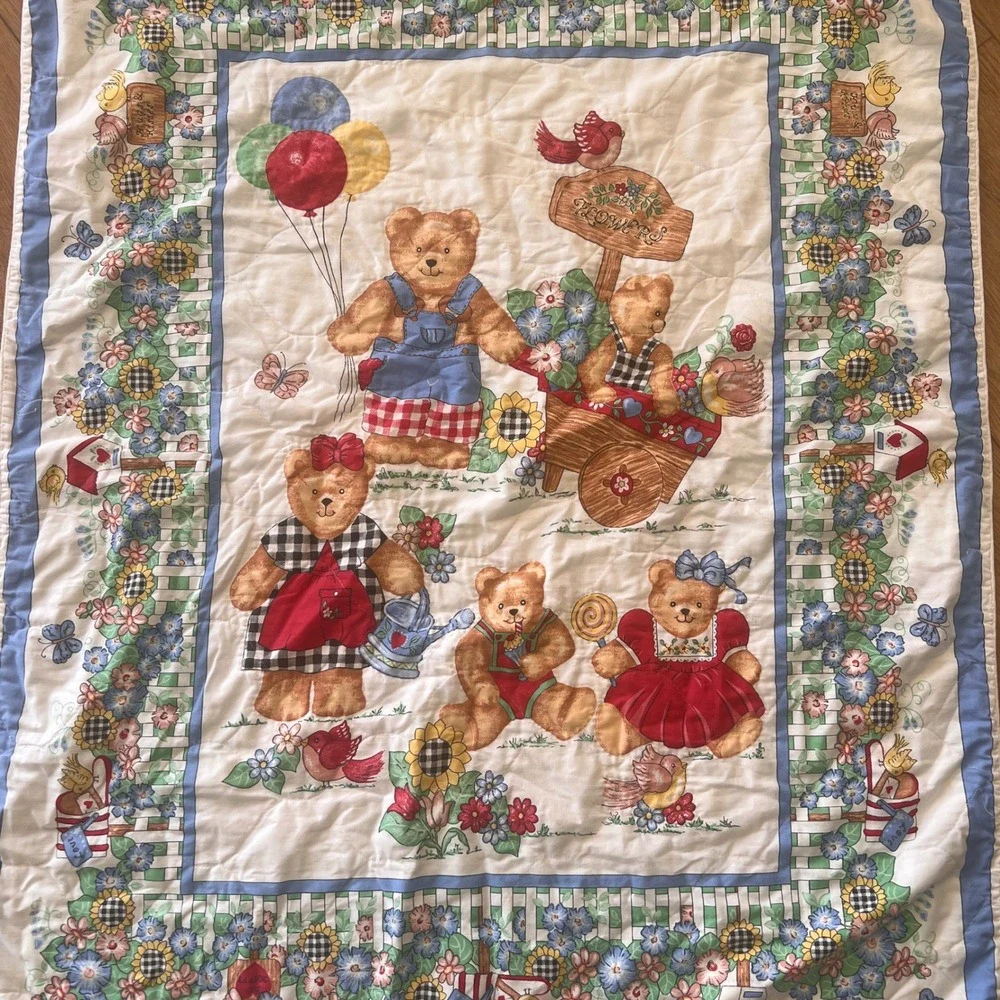 Vintage Teddy Bear Garden Quilted Baby Blanket Floral Picket Fence Nursery Blue